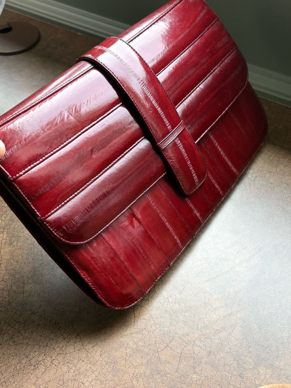 Vintage Muriel’s Maroon Genuine Eel Skin Leather Oversized Clutch Handbag